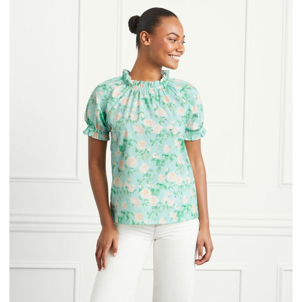 Hill House "Kit" Top Blouse Women's S Blue Roses Ruffle Short Sleeve Feminine